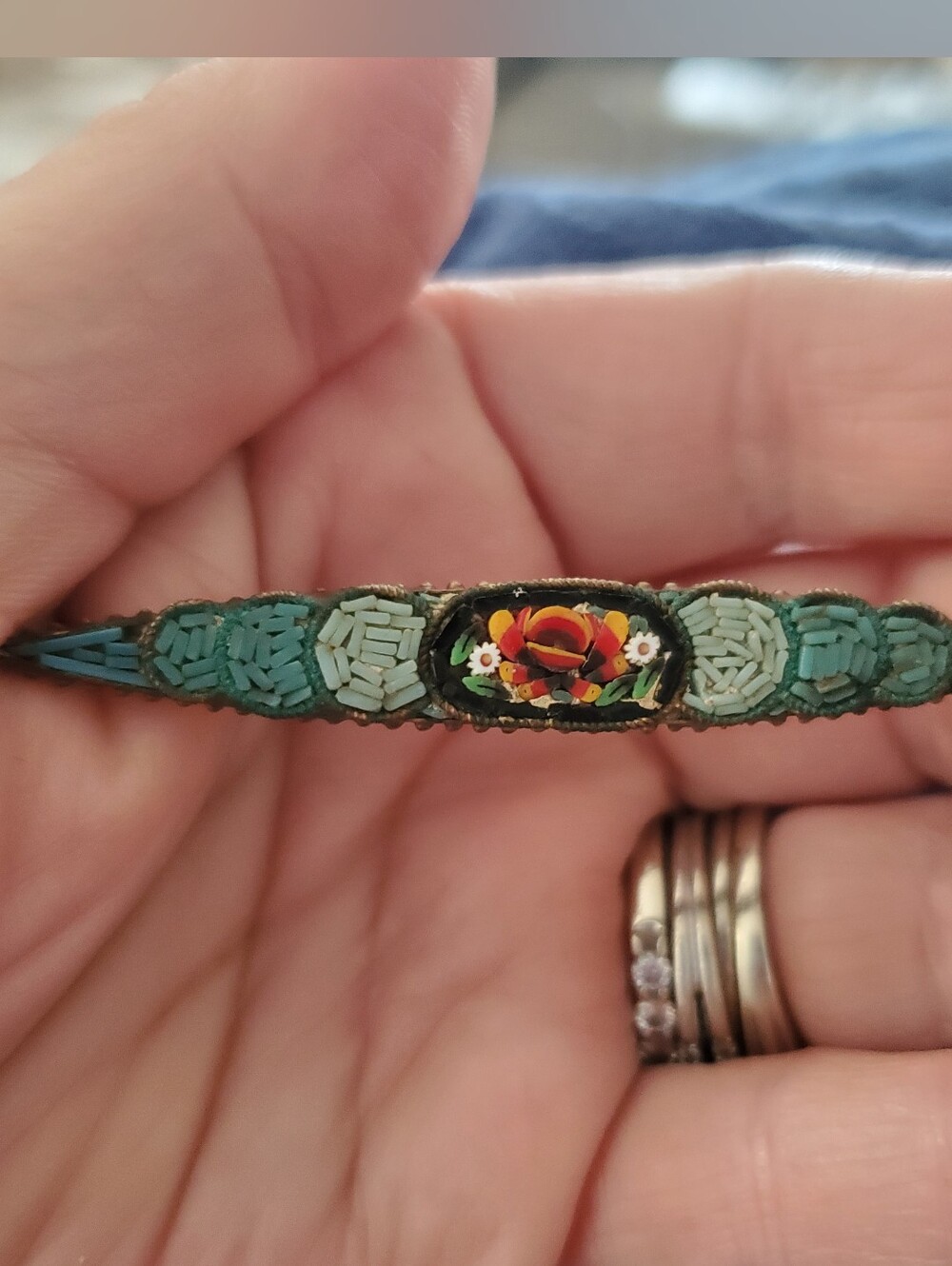 Antique Italian Micro Mosaic Bar Brooch C Clasp Art Deco Faux Jade Floral Pin
